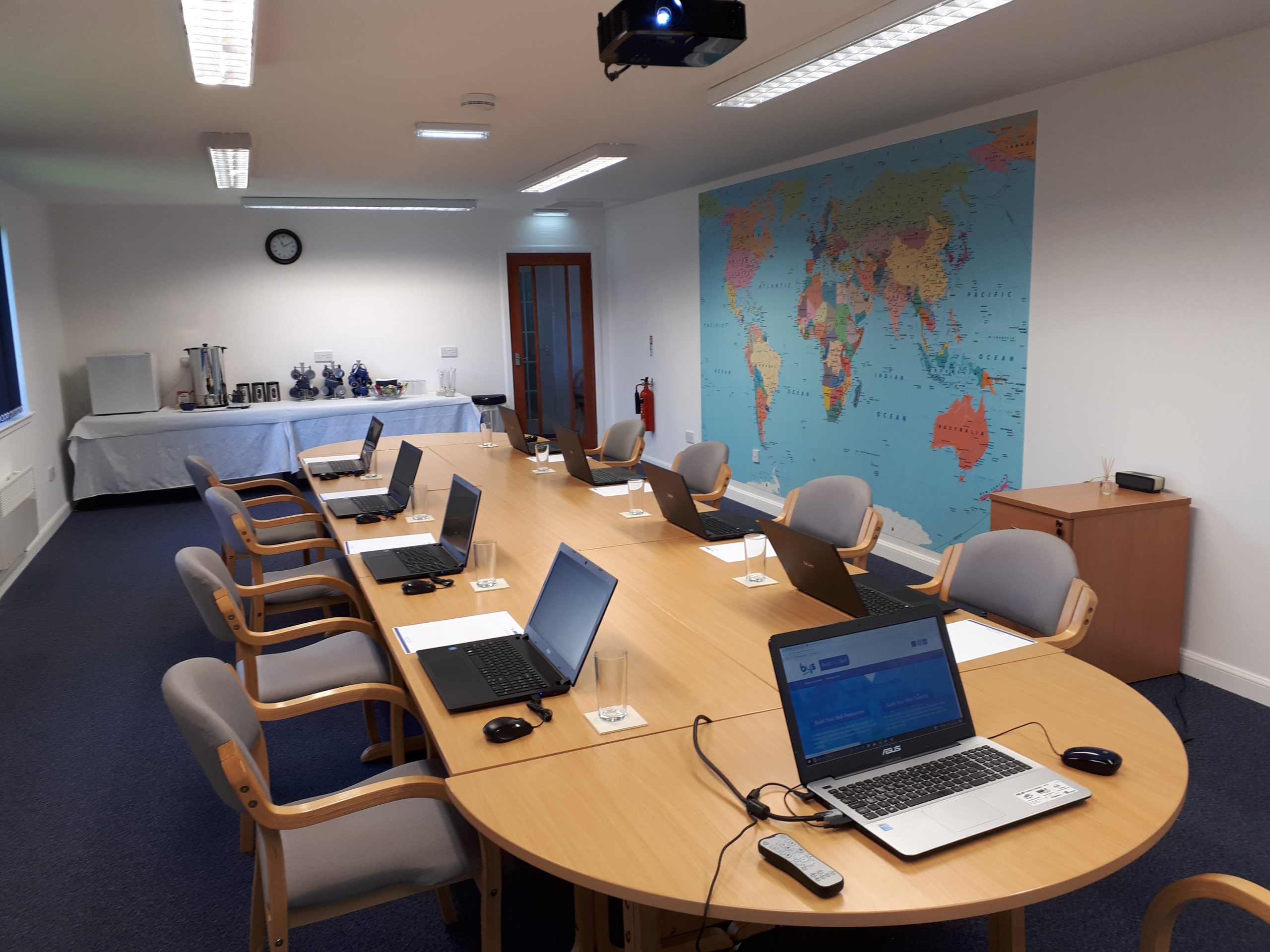 Training facility at Perth Airport, Scotland, with laptops and meeting space for Microsoft 365 courses