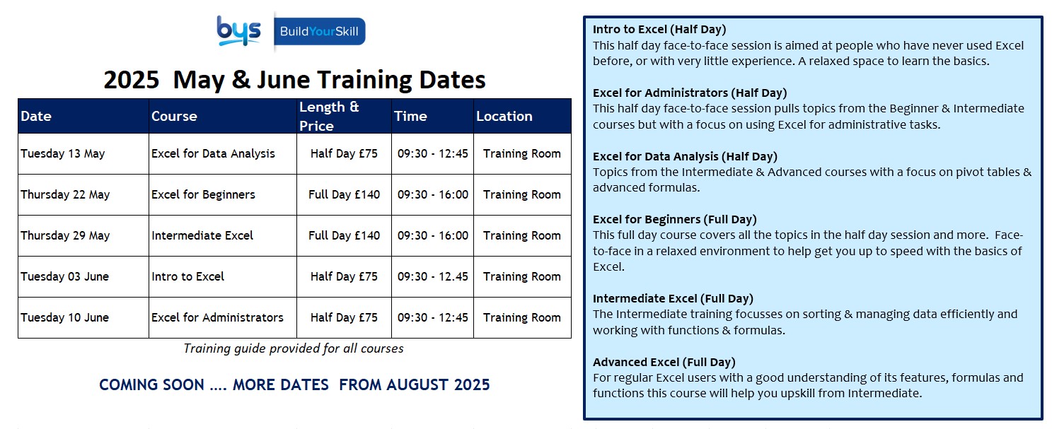 May & June Training 2025 Excel 2025 Excel Training Dates - Courses in Perth, Scotland, from Introduction to Advanced Excel, offered in half-day and full-day formats, both in-person and online.