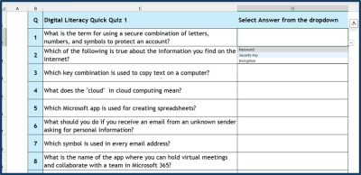 Excel-based digital literacy quiz for S1 and S2 pupils with 20 multiple-choice questions and conditional formatting feedback.