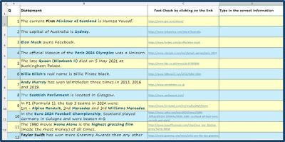 Excel-based fact checking task for S1 and S2 pupils with 25 research statements linked to websites, BGE Level 3/4 Curriculum for Excellence.