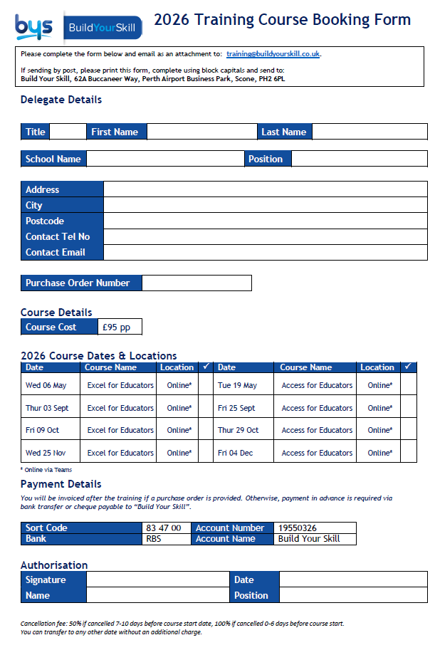 Image of Booking Form for the Excel for Educators and Access for Educators courses in 2026